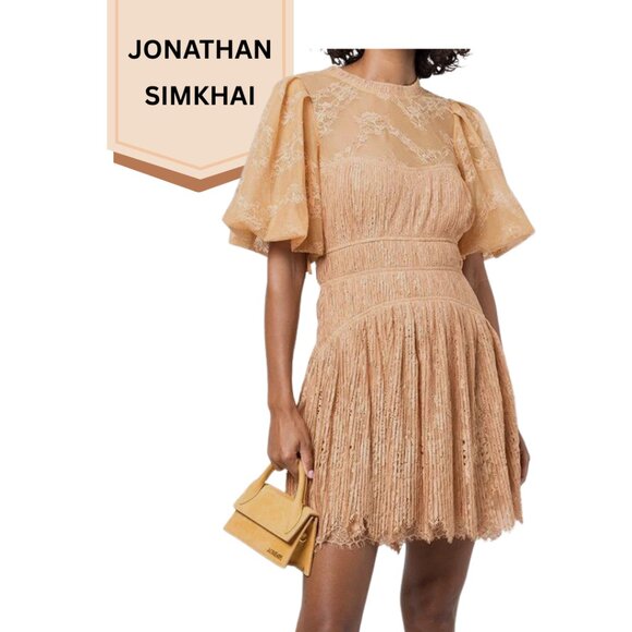 SIMKHAI Bristol Plisse Mini Dress W/ Lace In Butterscotch. Size 8 - Picture 1 of 7